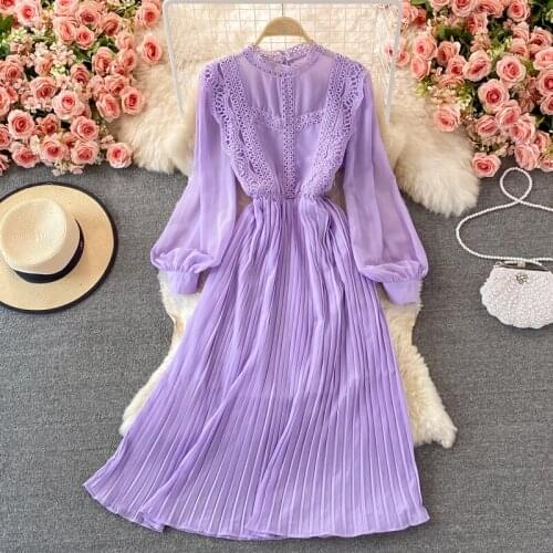 New 2021 Autumn Women Dress Elegant Long Sleeve Solid Slim A-line Robe Ladies Fashion Lace Patchwork Pleated Chiffon Dress