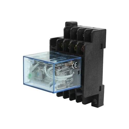 2-Coil Green Pilot Lamp 4PDT Power Relay w DIN Rail Socket DC 24V