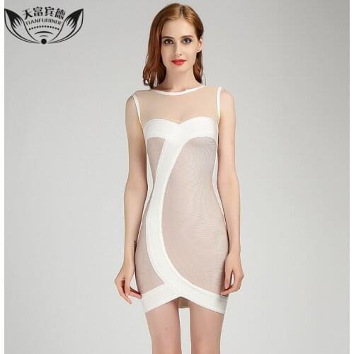 2017 Sexy Sleeveless Bandage Dresses Net Yarn Perspective Arc Design High Flexibility Party Dress Ladies Apricot Bandage Dress