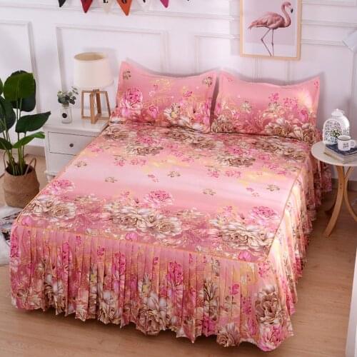 3Pcs/Set Korean Brushed Printed Bed Skirt Bed Cover Student Dormitory Non-Slip Sheet Cover Bedroom 3D Lace Bed Skirt Bedding