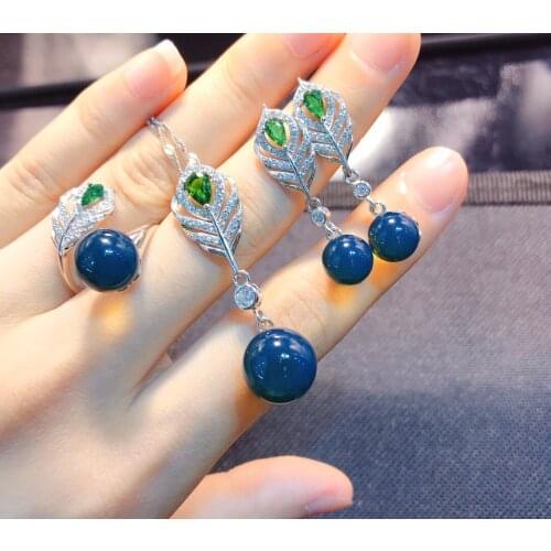 Bijoux femme jewelry sets Mexican gold blue amber new three-piece suit S925 silver sterling silver bottom pendant ring earrings