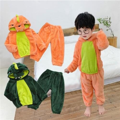 Baby clothes baby boy baby girl autumn winter flannel home wear pajamas cute cartoon dinosaur hooded pajamas set kid casual suit