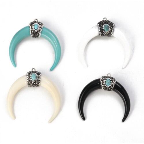 Doreen Box Resin Boho Chic Pendants Horn-shaped Micro Pave Clear Rhinestone 5.4cm x5cm(2 1/8" x2")-5.2cm x4.8cm(2" x1 7/8"),1PC