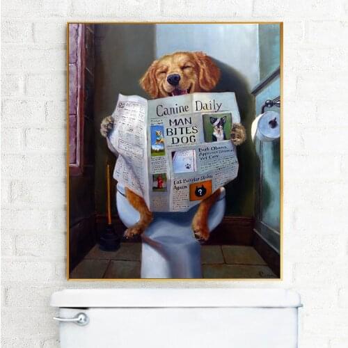 Funny Animal Smile Dog Read Newspaper Oil Painting On Canvas Wall Art Poster And Prints Picture For Bathroom Toilet Decoration