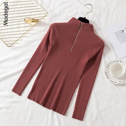 Modegal womens ring zipper knitted sweater solid color half high collar long sleeve basic pullover fashion autumn 2021