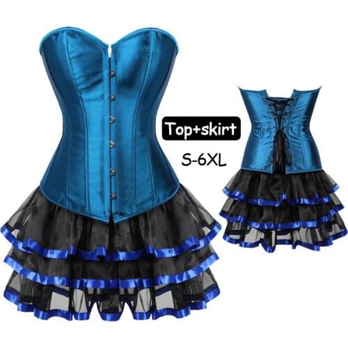 Fashion Sexy Blue Corset Bustier Top Dress Set Women Party wear Lace Tutu Skirts Waist Trainer Gothic Corselet Plus Size 5XL 6XL