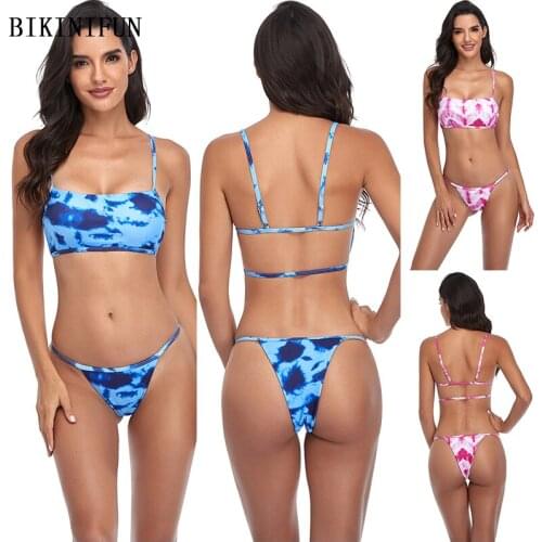 2021 New Tied Dye Print Swimsuit Women Flat Bralette Swimwear Backless Bathing Suit S-XL Girl Low Waist Beachwear Bikini Set