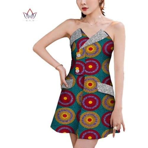 Summer Africa Mini Dress for Girl Bazin Riche Cute Double Placket Clothing 2 Pockets Wax Print Elegant Sexy Dresses WY8090