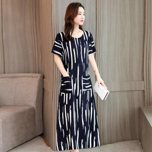 Women Elegant Comfortable Cotton and Linen Dress Ladies Short Sleeve Round Neck Long Dress Female Vestidos Brand Women Clothing