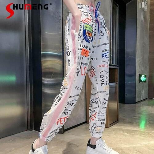 Casual Womens Letter Printed Sweatpants 2021 Summer Loose Thin Hot Drilling Printed Ankle-Tied Tide Exercise Sweat Pants Women