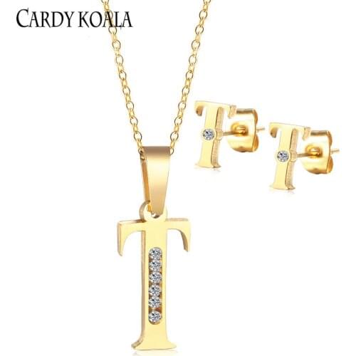 Simple fashion letter T diamond-studded titanium steel jewelry set earrings necklace gold-plated childrens earrings first produ