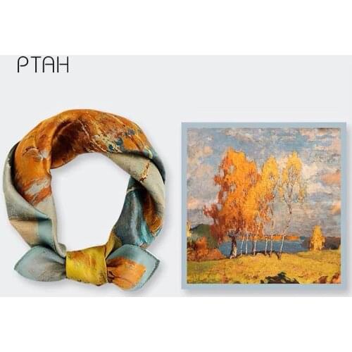 [PTAH] 53*53 cm 100% Mulberry Silk Scarf Banquet Ladies Small Square Temperament Digital Print Silk Scarf Mon Gifts High Quality