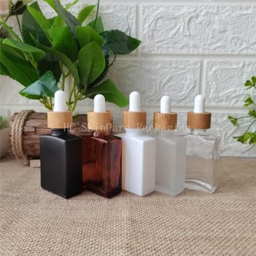 Cosmetic Packaging 30ml Empty Clear/matte White and Black Square Glass Perfume Bottle with Bamboo Dropper Bottles