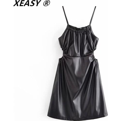 XEASY Za Women 2021 Dress Fashion PU Leather Sling Mini Dress Vintage Backless Ruched Sexy Hollow Waist Dresses Vestidos Mujer