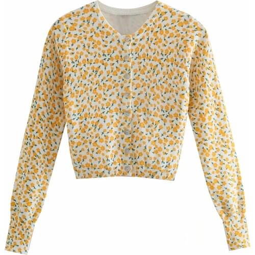 ZA Women Fashion Floral Print Knitted Cardigan Vintage Long Sleeve Sweater Slim Short Bottomed Shirt XITIMEAO