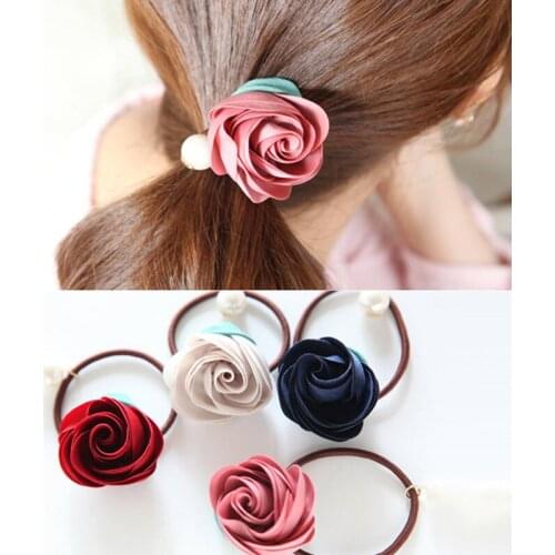 Fashion Korea Rose Flower Pearl Hair Bands Elastic Rubber Ponytail Holder For Women Girl Rope String Scrunchie Hair Accessories