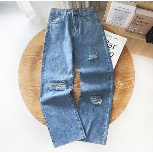 Summer 2021 New High-waisted Pull-hole Denim Women Fashion Loose Comfortable Wide-legged Trousers DLZK618