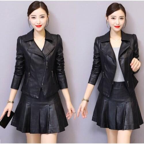 Women Jackets Suits Leather Jacket Casaco Feminino 2021 Spring Autumn Fashion Motorcycle Female Outerwear Short Coat Skirt Sets
