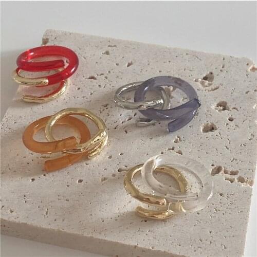 2021 New Design Korean Acrylic Resin Transparent Color Ring Set Metal Double layer Opening Rings for Women Girls Jewelry Party