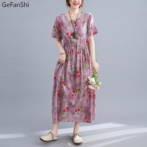 Fashion Floral Women Summer Dress 2021 Casual Loose O-neck Short Sleeve Cotton Linen Elegant Ladies Beach Dresses Vestidos