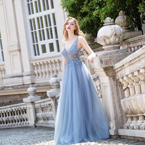 2020 New Dusty Blue Long Prom Dresses Backless V Neck Glitter Tulle Crystals Beading Sexy Party Dress Robe De Soiree
