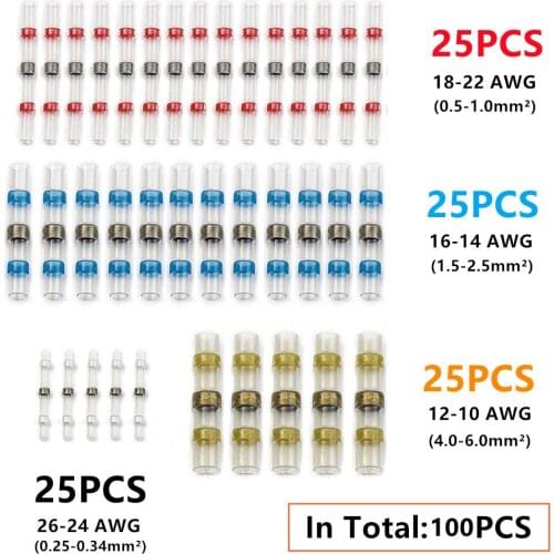 100PCS AWG 10-26 Waterproof Solder Seal Sleeve Splice Terminals Heat Shrink Butt Connector Electrical Cable Wire Connectors