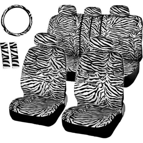 12PCS Zebra Grain Pattern Car Seat Cover Set Including Steering Wheel Cover Shoulder Protector Interior Accessories