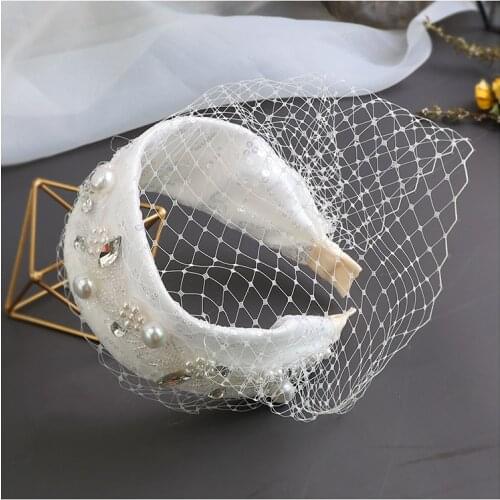 2020 British WOmen Wedding Veil Hairbands White Pearl Rhinestone Wide Headband Bride Chruch Party Face Veil Hair Accessories New