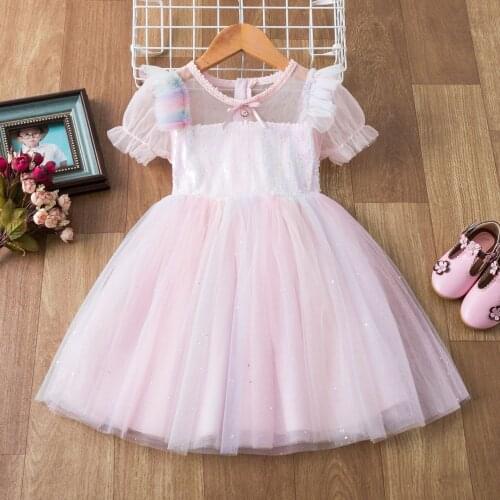 2021 Summer Girls Rainbow Tulle Dress for Kids Princess Sequins Summer Clothing Boutique Flower Girl Dresses for Weddings