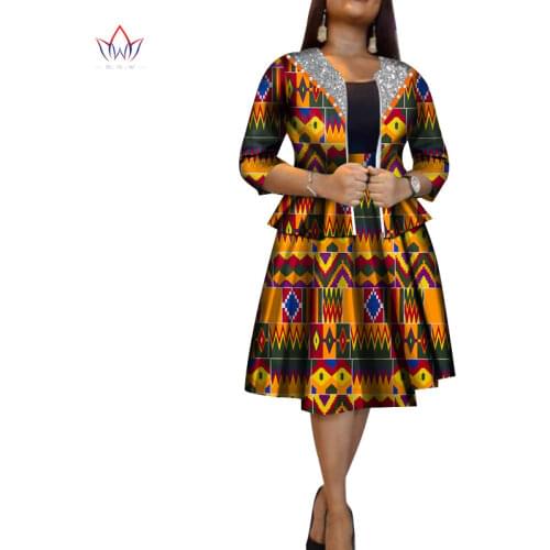 Bintarealwax Africa Style Two Piece Set for Women Dashiki Crop Top and Skirt African Clothes Bazin Customized Office Sets WY8579