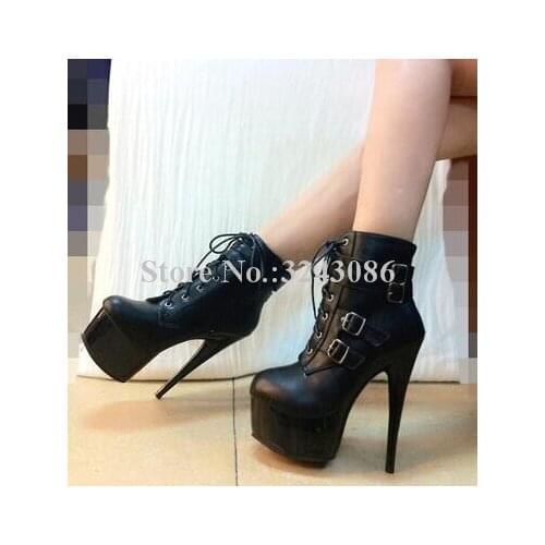Black Leather Platform Lace-up Ankle Boots Woman Sexy Buckles Super Thin Heel Short Boots Fashion Lady Runway Model Shoes
