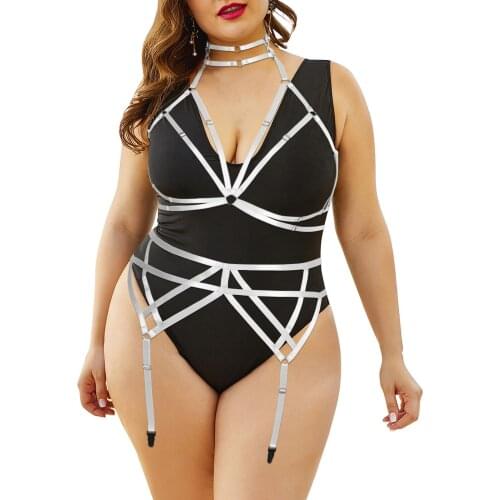 Fetish Sexy Hanging Neck Body Harness Elastic Plus Size Underwear Set Women Goth Chest Bondage Cage Straps Garter Belt Stockings