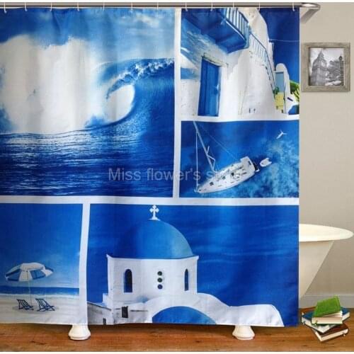 Greek Aegean Sea Design Custom Shower Curtain Bathroom Waterproof Mildewproof Polyester Fabric With 12 Hooks