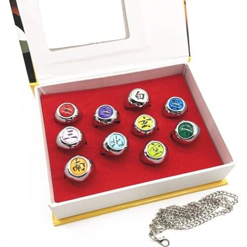 10PCS Bandai Naruto Rings Necklace Anime Figure Metal Adjustable Cosplay Accessory Cool Fashion Gifts for children