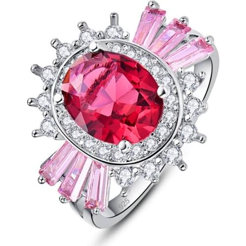 Lingmei Classic Oval Cut Women Beautiful Red Pink Zircon Wedding Fashion Rings Party Silver ColorRing Size 6-9 Jewelry