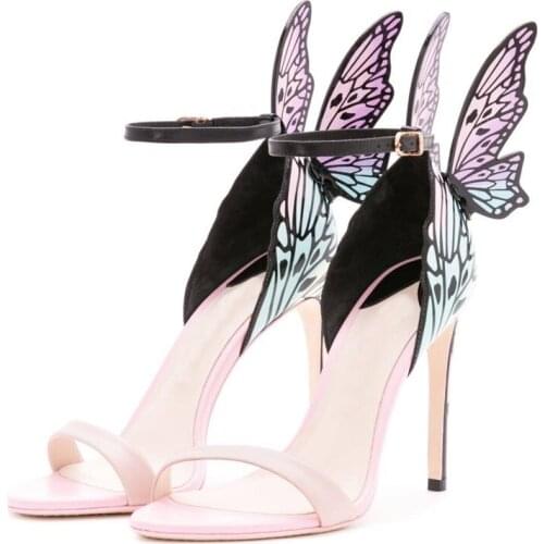 LUNAO BON Butterfly Evangeline Angel Wing Sandals Bling Wedding Pumps Glitter Women Thin Heel Ankle Wrap Thin Heels Shoes