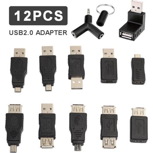MAYITR 12pcs OTG Adapter Converter USB 2.0 Couplers Set 3.5 mm Stereo Audio Y Splitter Adapters For Mouse/External Storage