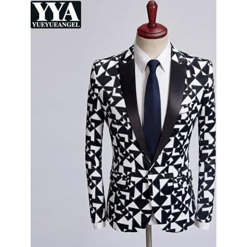 New Fashion Men Black White Printing Blazer Male Long Sleeve Party Suit Coats Slim Fit Single Button Blazer Plus Size M-5XL