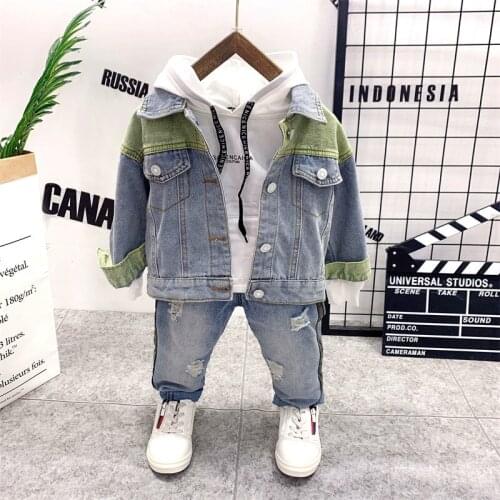 Autumn Winter Hot Sale Baby Boys Outfit Boys Cowboy Coat, Hoodie and Jeans Outfits 3pcs Set Toddler Kids Boy Clothes Set
