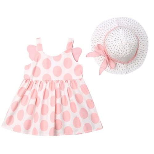 0-2T Baby Girl Dress Infant Back Wing Sleeve Dot Pattern Dress with Sunhat Outfits Set Cute Dress Cotton England Style