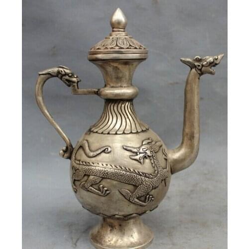 Song voge gem S2504 10" Tibet Silver Buddhism Myth Fly Dragon Head Statue Brass Wine Pot Teapot