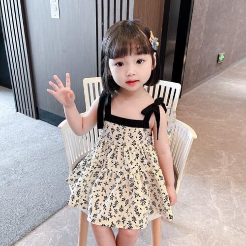 2021 Girls Flower Printing Dress New Summer Children Sling Suspender Baby Princess Kids Clothes Costume