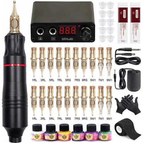 Professional Tattoo Kit Complete Rotary Pen Tattoo Machine Kit with Cartridges Needles Permanent Makeup Tattoo Set for Body Art