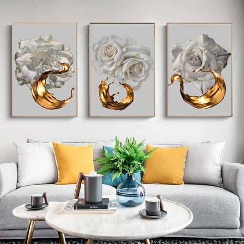 Luxury Gold White Flower Deer Poster Wall Art Canvas Painting Modern Art Print Home Decor for Living Room Design Picture