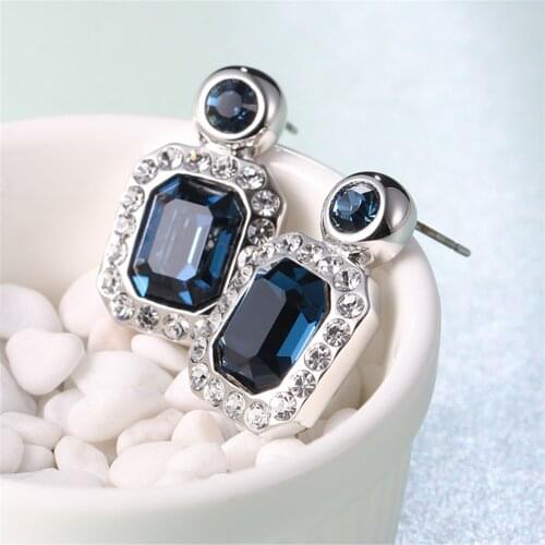COCOM Luxury Geometric Stud Earrings for Women 2021 Trend with Blue Square Austrian Crystal Fashion Wedding Party Accessories