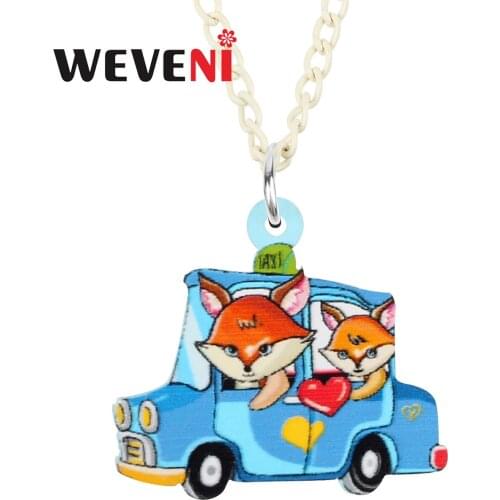 WEVENI Valentines Day Acrylic Sweet Blue Couple Fox Car Necklace Pendant Fashion Long Chain Jewelry For Women Girl Charms Gift