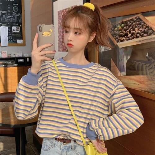 New Autumn summer t-shirts women fashion striped long-sleeve t-shirt loose casual oversized tops all-match couple sweatershirt