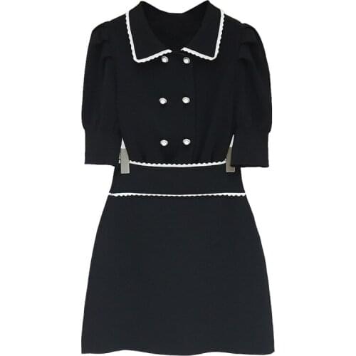 2 Pieces Set Women Top Sweater Pullover Short Style Puff Sleeve Pearls Buttons +a Line Mini Knitted Skirt