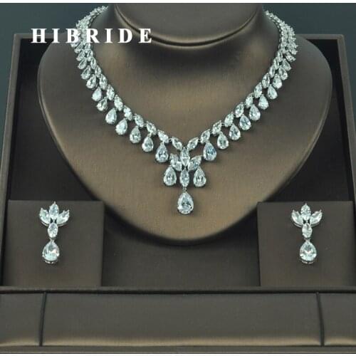 HIBRIDE Brilliant Crystal Cubic Zirconia Wedding Jewelry Sets For Women Bridal Earring Necklace Set Factory Price N-317