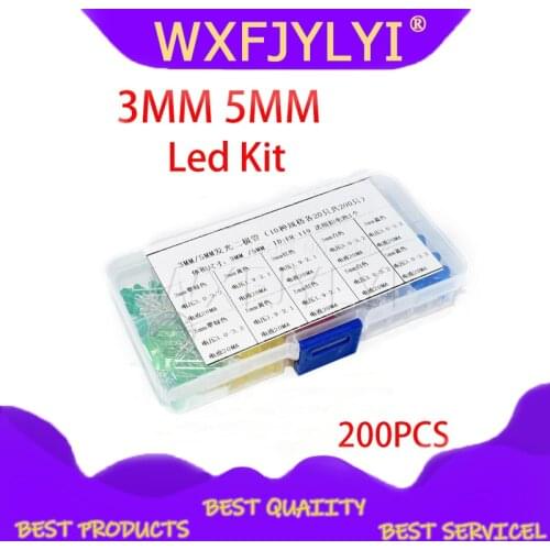 200PC 3MM 5MM each 20pcs Led Kit Mixed Color Red Green Yellow Blue White Light Emitting Diode Assortment with free Box